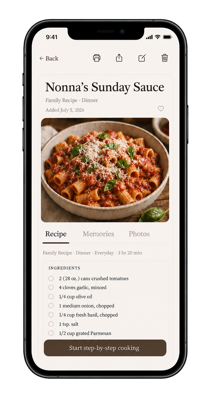 Recipere recipe screen for Nonna's Sunday Sauce